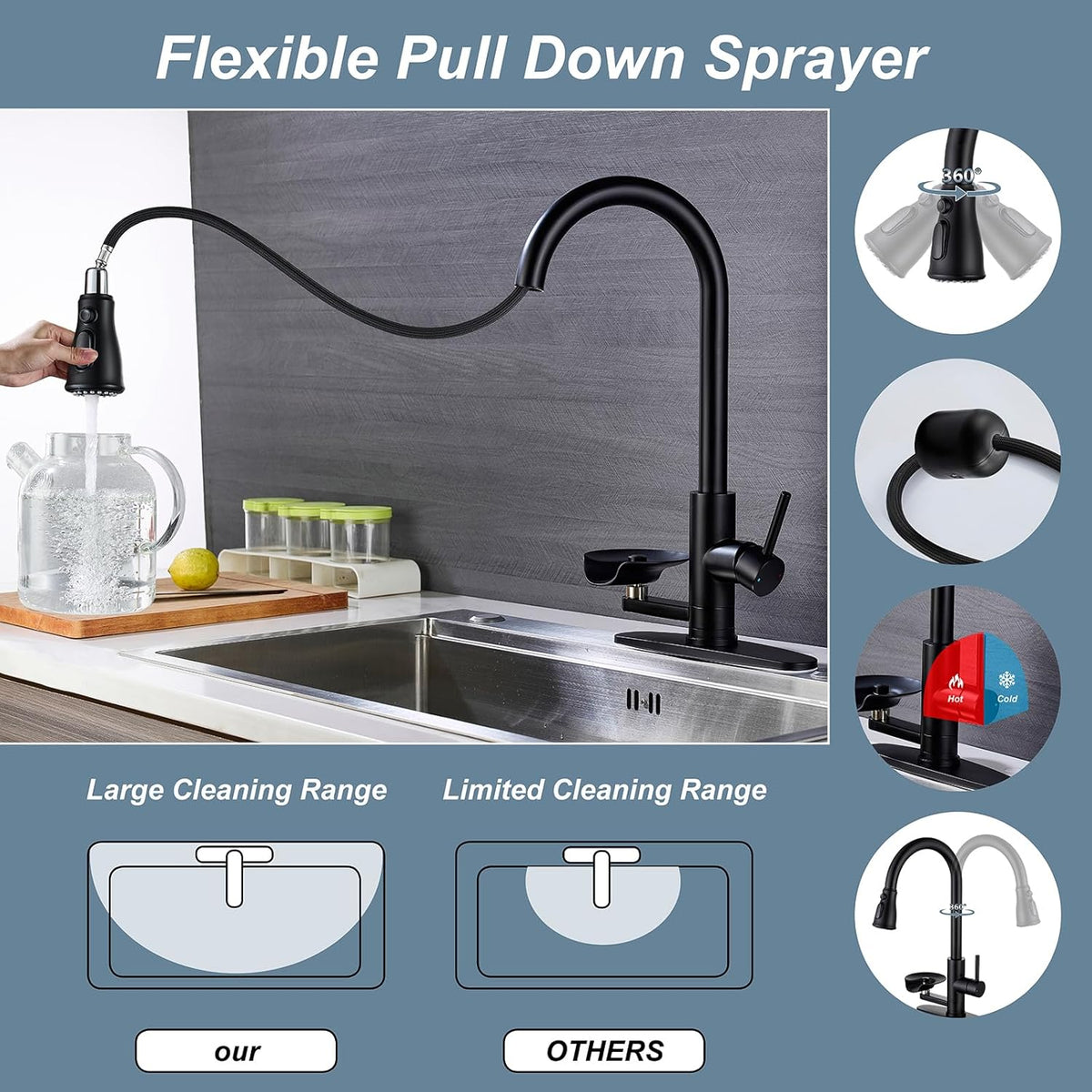 Matte Black Kitchen Faucet with Glass Rinser, Pull Down Sprayer with 3 Water Modes, Single Handle Stainless Steel