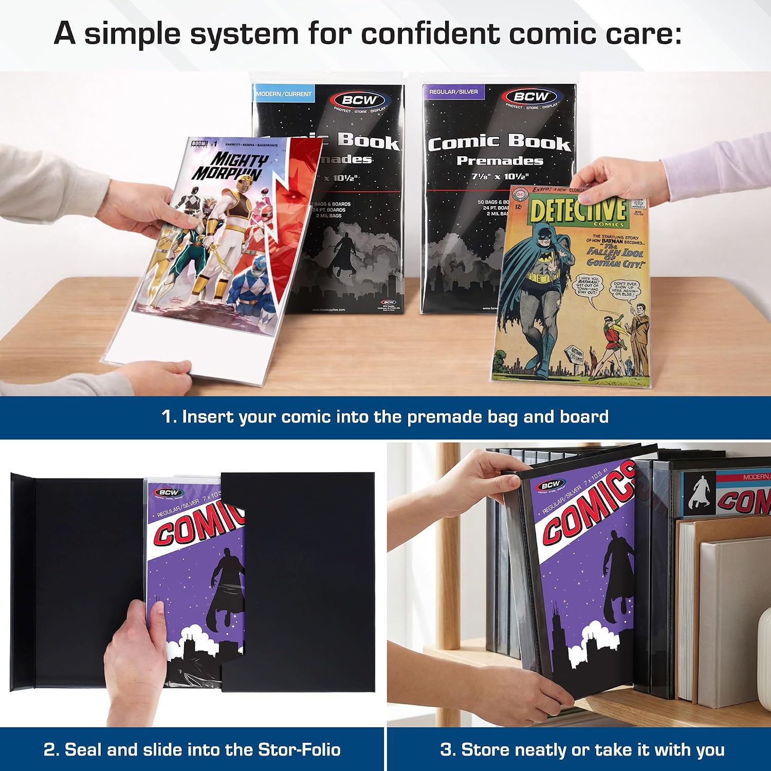 Comic Book StorFolio Kit – Includes Magnetic Comic StorFolio + 50 Silver Age Premade Resealable Comic Book Bags and
