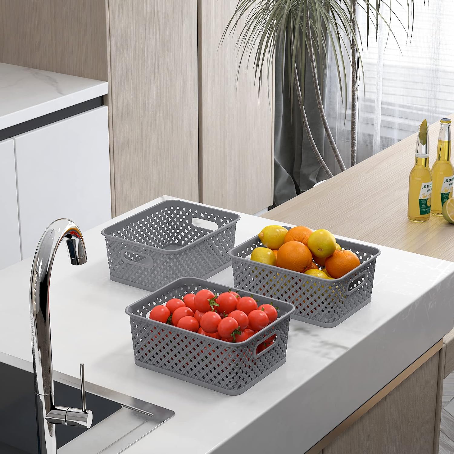 Organization and Storage 3 Packs, Plastic Bins Organizer Bins, Woven Baskets for Storage, Plastic Baskets with