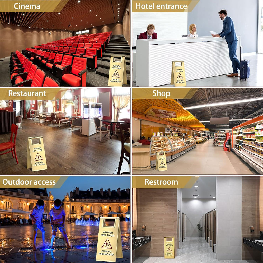 2 Pcs Wet Floor Sign, 17 Inch Stainless Steel Caution Wet Floor Sign Double Sided Portable Foldable Bilingual Safety