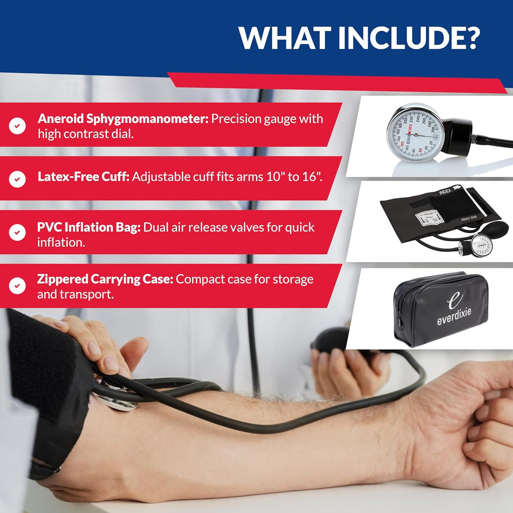 Deluxe Aneroid Sphygmomanometer Blood Pressure Set W/Adult Cuff, Carrying Case and Calibration Tool - Black