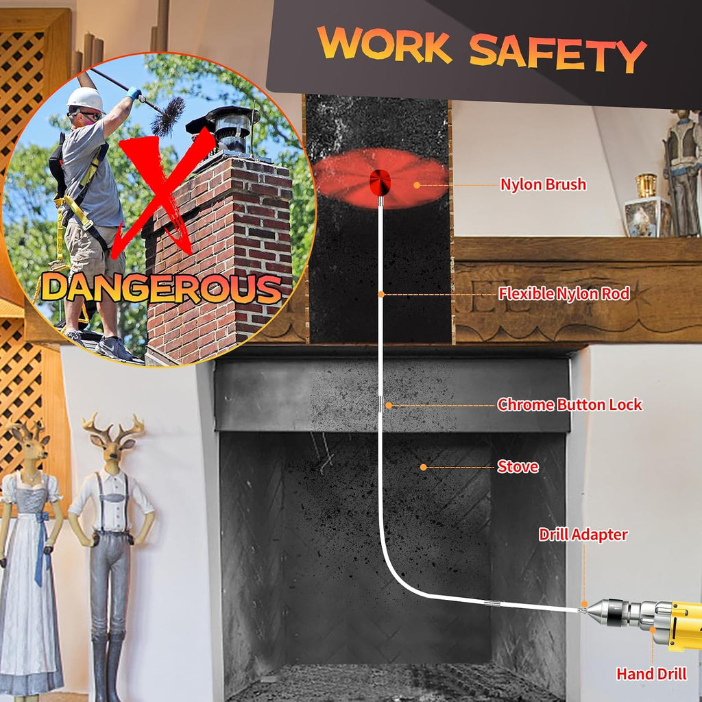 26 Feet Chimney Sweep Kit, Chimney Cleaning Kit with 8 Flexible White Chimney Rods, Chimney Brush, Rotary Chimney