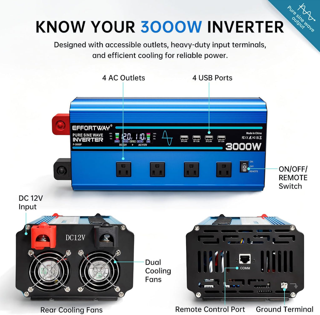 3000w Pure sine Wave Inverter DC 12V to AC 110V/120V Converter, 6000w (Peak) with LCD Display, Wireless/Wired Remote