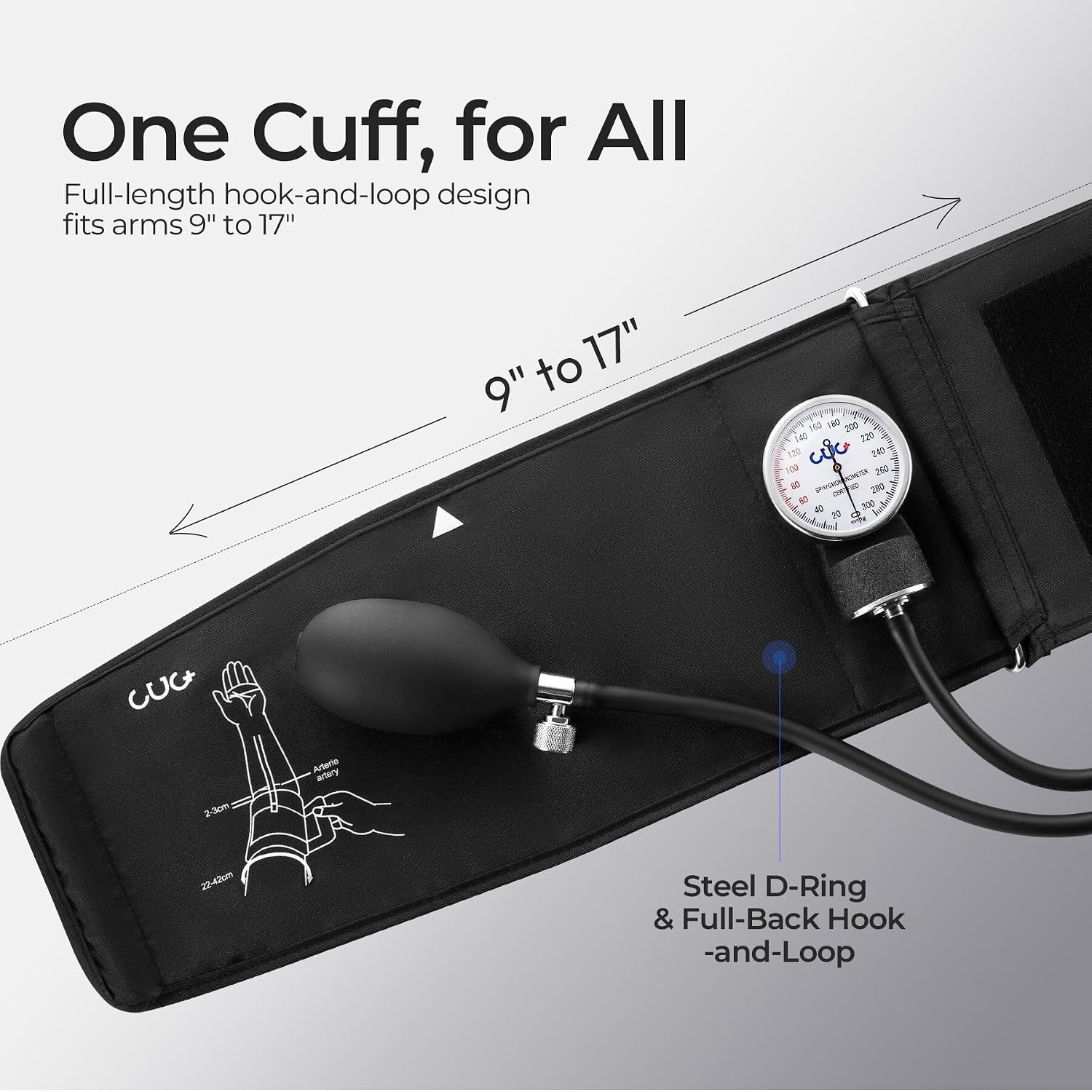 Manual Blood Pressure Cuff, Accurate Measurement (Black) | 9–17 inch D-Ring Arm Cuff, Carrying Case Included