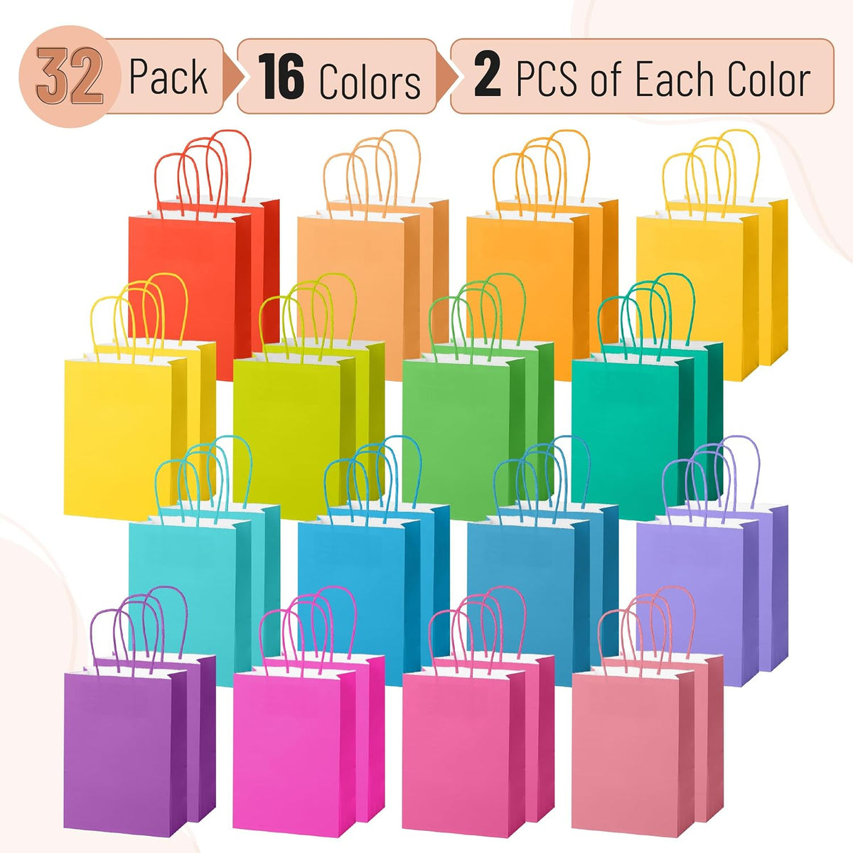 Paper Gift Bags with Handles, 32 Pack, 8.3" x 5.9" x 3.1"