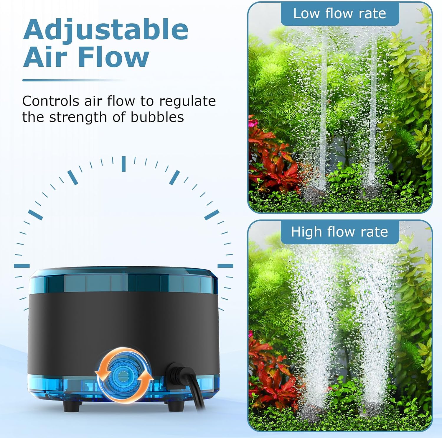 Aquarium Air Pump Dual Outlet, Quiet Powerful Fish Tank Aerator 4W/8W, Adjustable Oxygen Pump with Air Stone, Bubbler