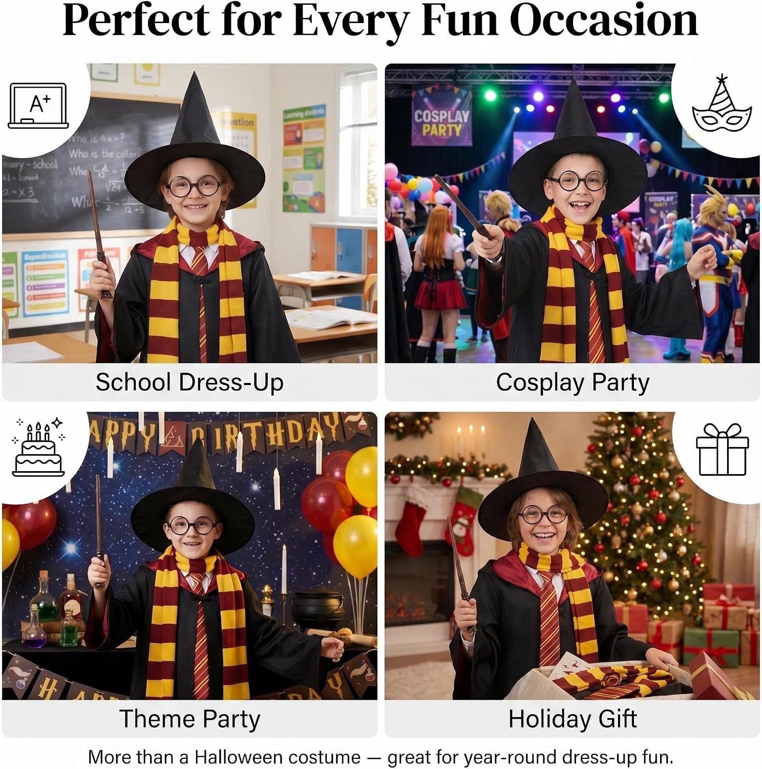 Wizard Costume for Kids 3-15, Wizard Robe Set with Wand, Tie, Scarf, Hat & Glasses, Halloween Cosplay Outfit