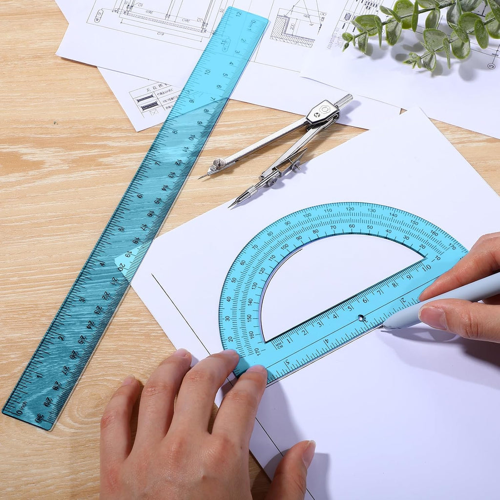3 Pcs Plastic Ruler 6 Inch Protractor Drawing Compass Set, Student Geometry Math Transparent Measuring Tools for Home