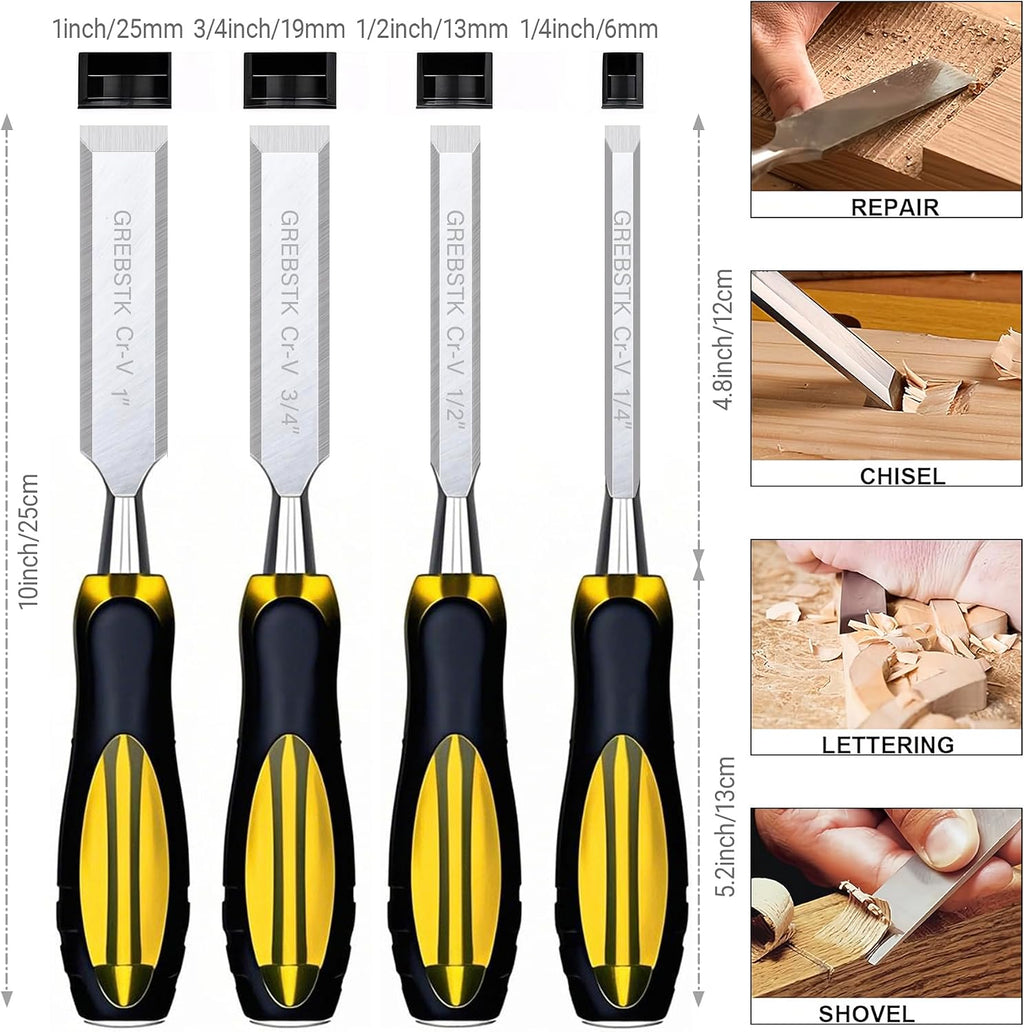 4 Piece Wood Chisel Set CR-V Steel Sharp Bevel Edge for Woodworking | Chromium Vanadium, Durability. Ergonomic