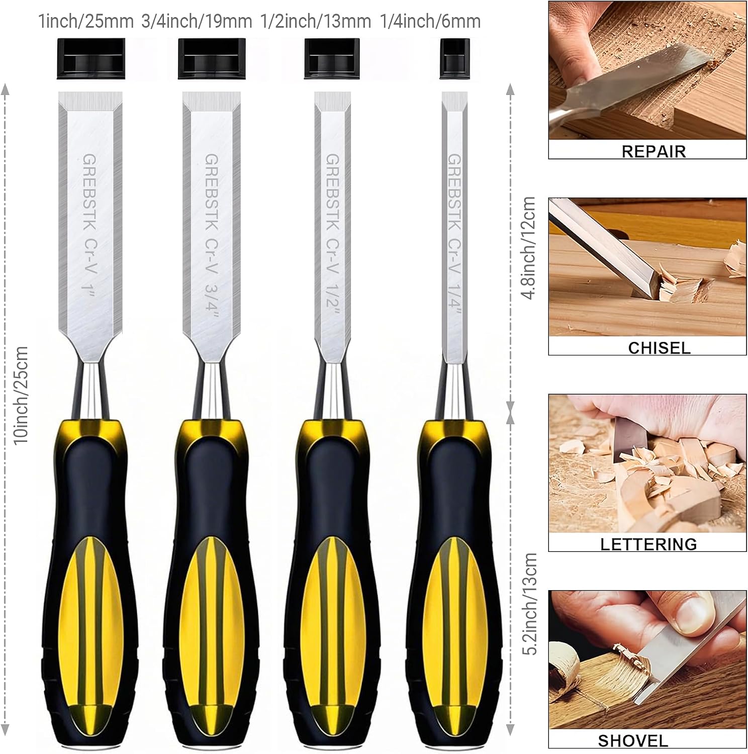 4 Piece Wood Chisel Set CR-V Steel Sharp Bevel Edge for Woodworking | Chromium Vanadium, Durability. Ergonomic