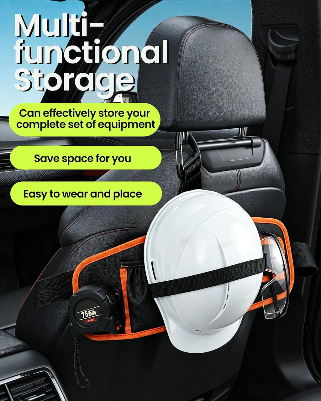 Hard Hat Holder for Truck, All-in-One PPE Organizer with Vest Pouch, Safety Glasses Clips,Earplug Pocket and Tape