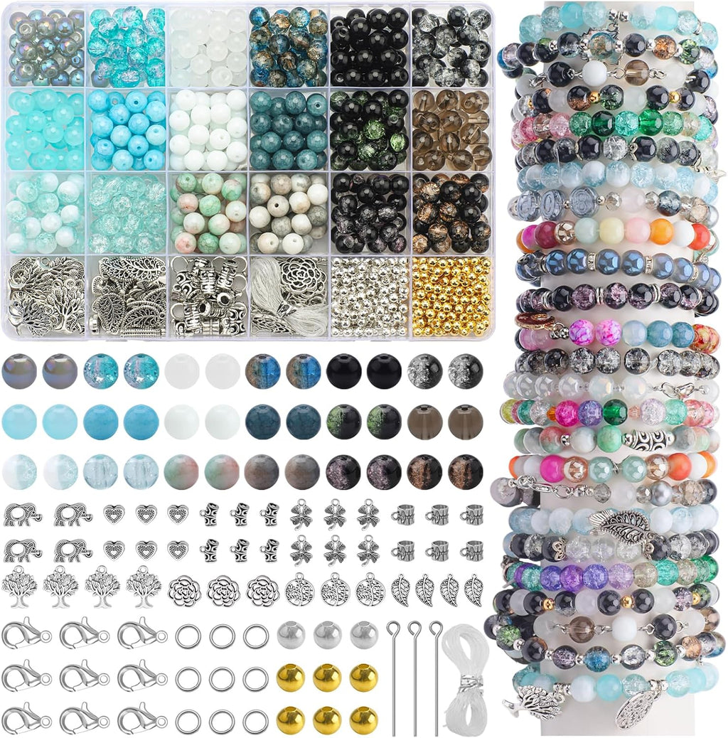 8mm 18 Colors Glass Beads for Jewelry Making, 810pcs Charm Bracelet Making Kit - Crystal/Crackle/Stone/Gold & Silver