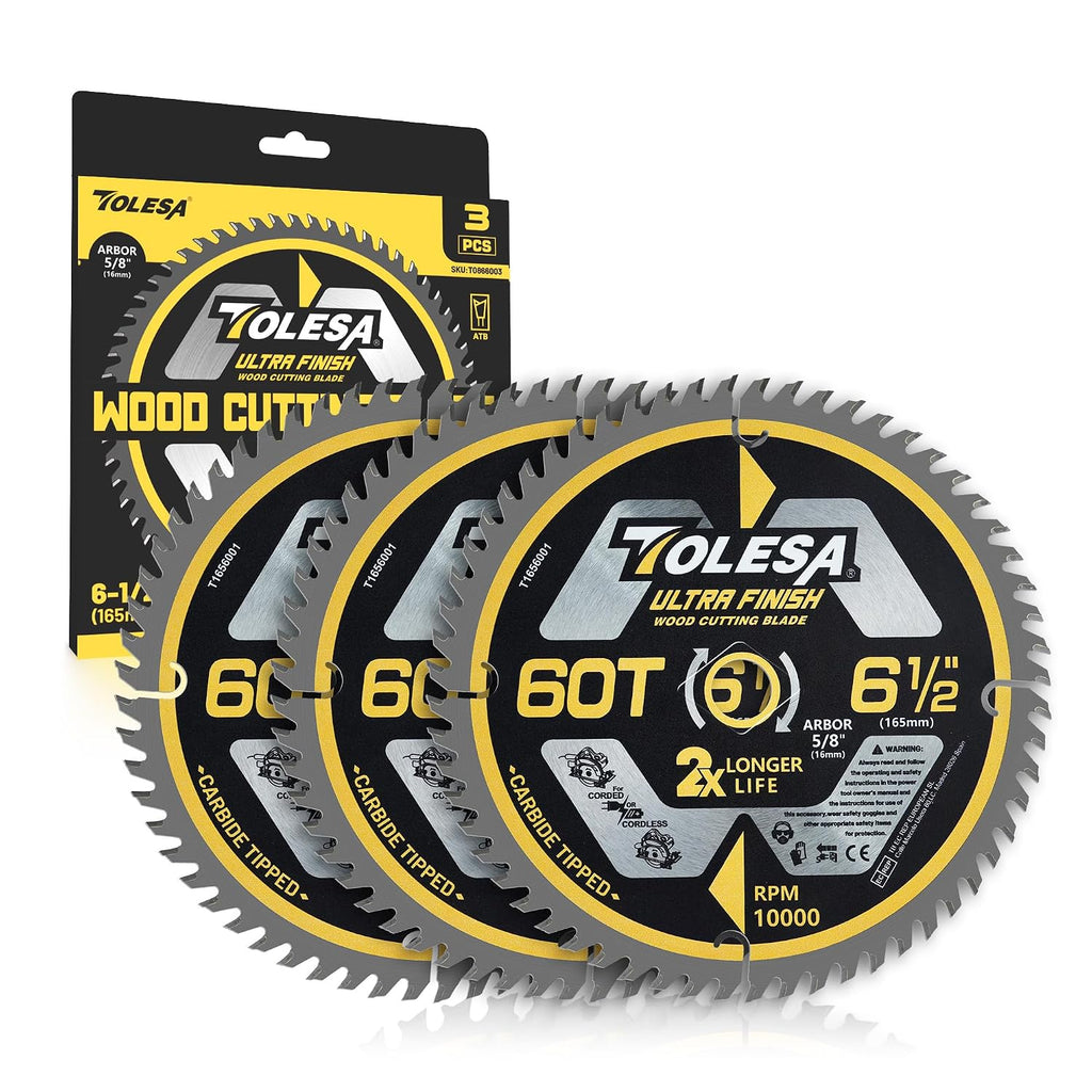 6 1/2 Circular Saw Blades, 60T for Wood and Plywood, 3-Pack | Tungsten Carbide Teeth, Super Thin Kerf, ATB Design