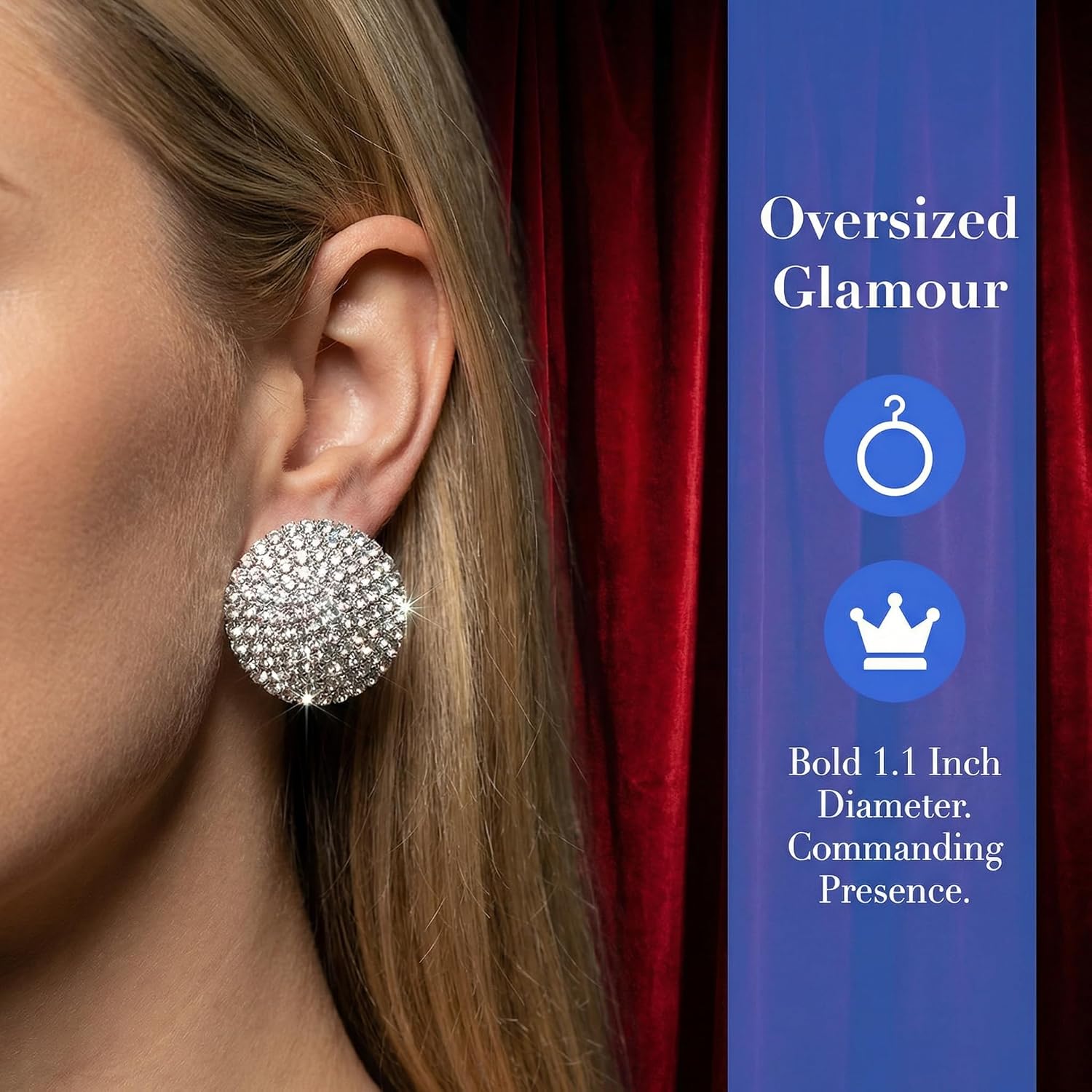 Stud Earrings for Women Oversized Silver Button Earring Sparkly Rhinestone Luxury Bling, Statement Studfor Wedding