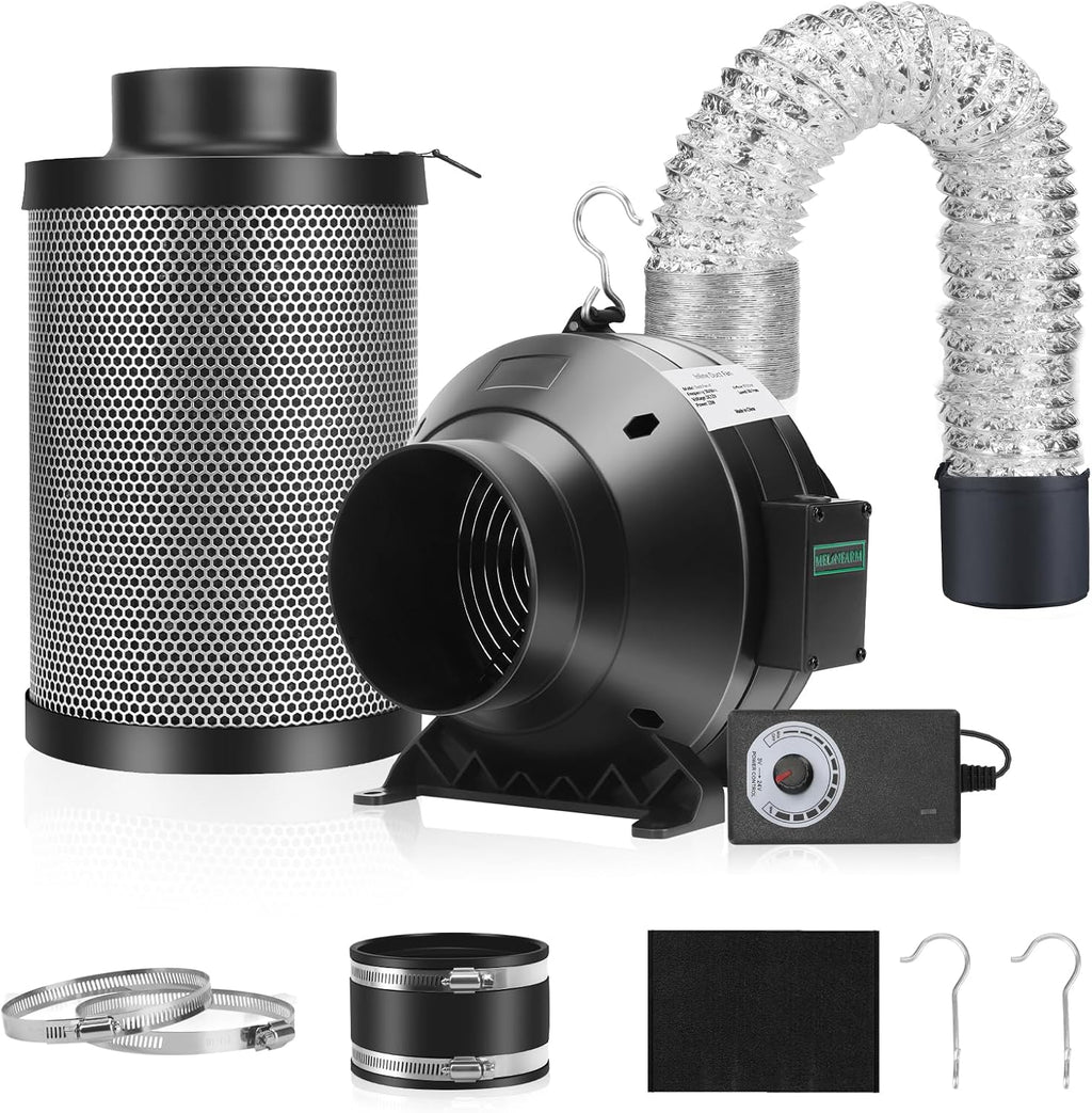 Air Filtration Kit, 4" 190 CFM Inline Duct Fan with Speed Controller, 12" High Carbon Filter, 8 Ft Ducting & Rubber