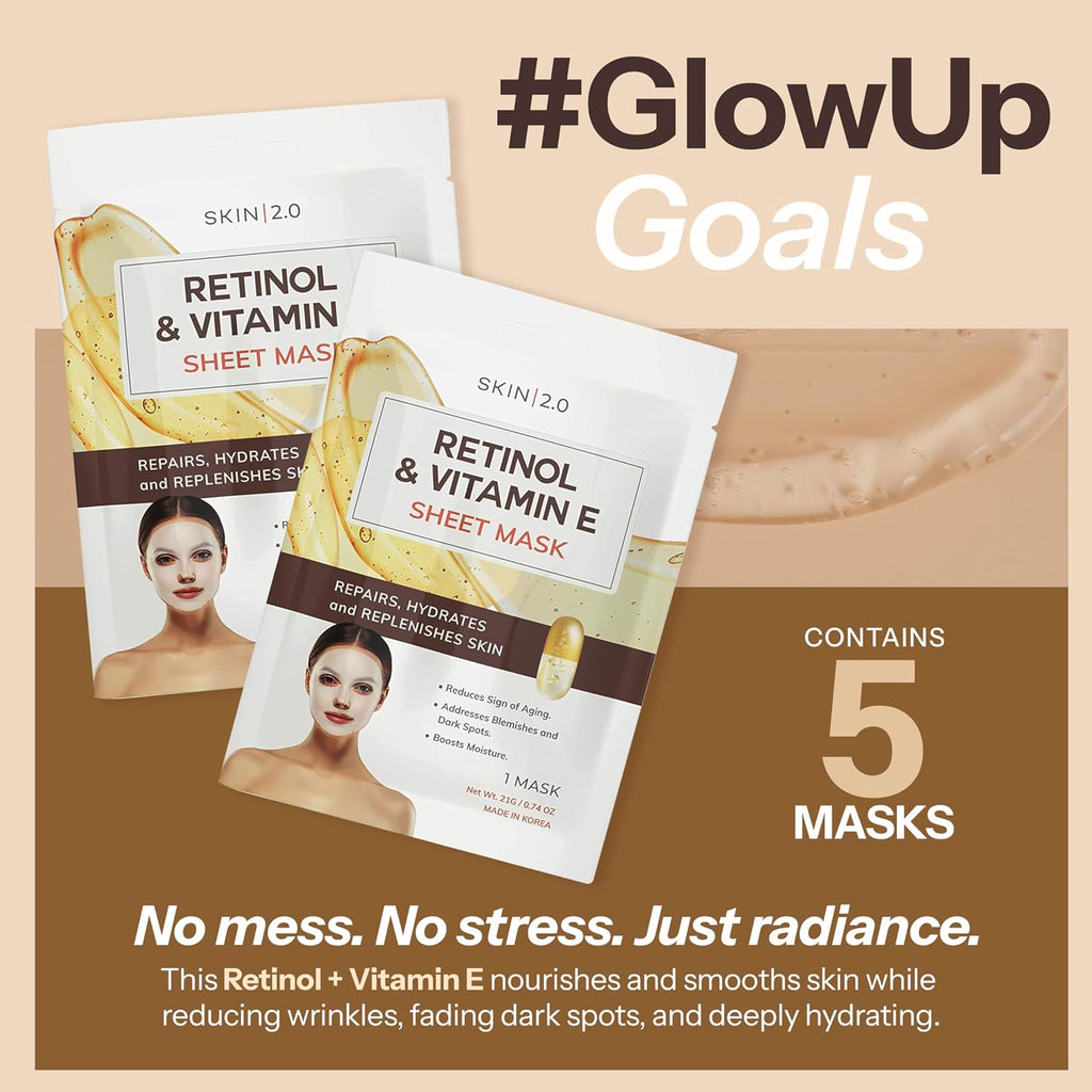 Retinol & Vitamin E Sheet Mask - Anti-Aging, Acne Scar & Hyperpigmentation - Hydrating, Dermatologist Tested Korean