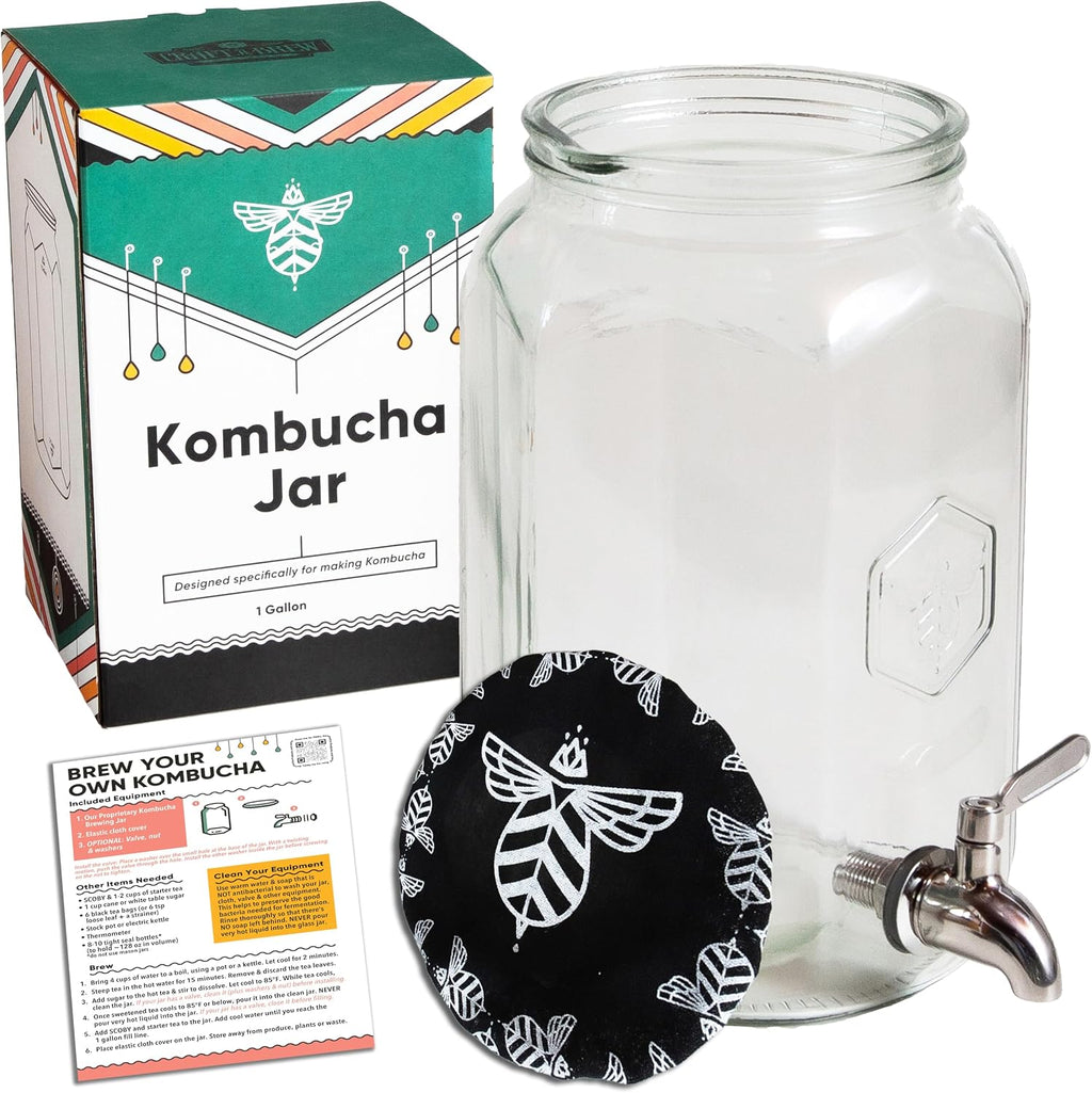 Kombucha Jar with Dispensing Valve - For Kombucha Fermentation - Includes Custom Cloth Cover- Proprietary Design