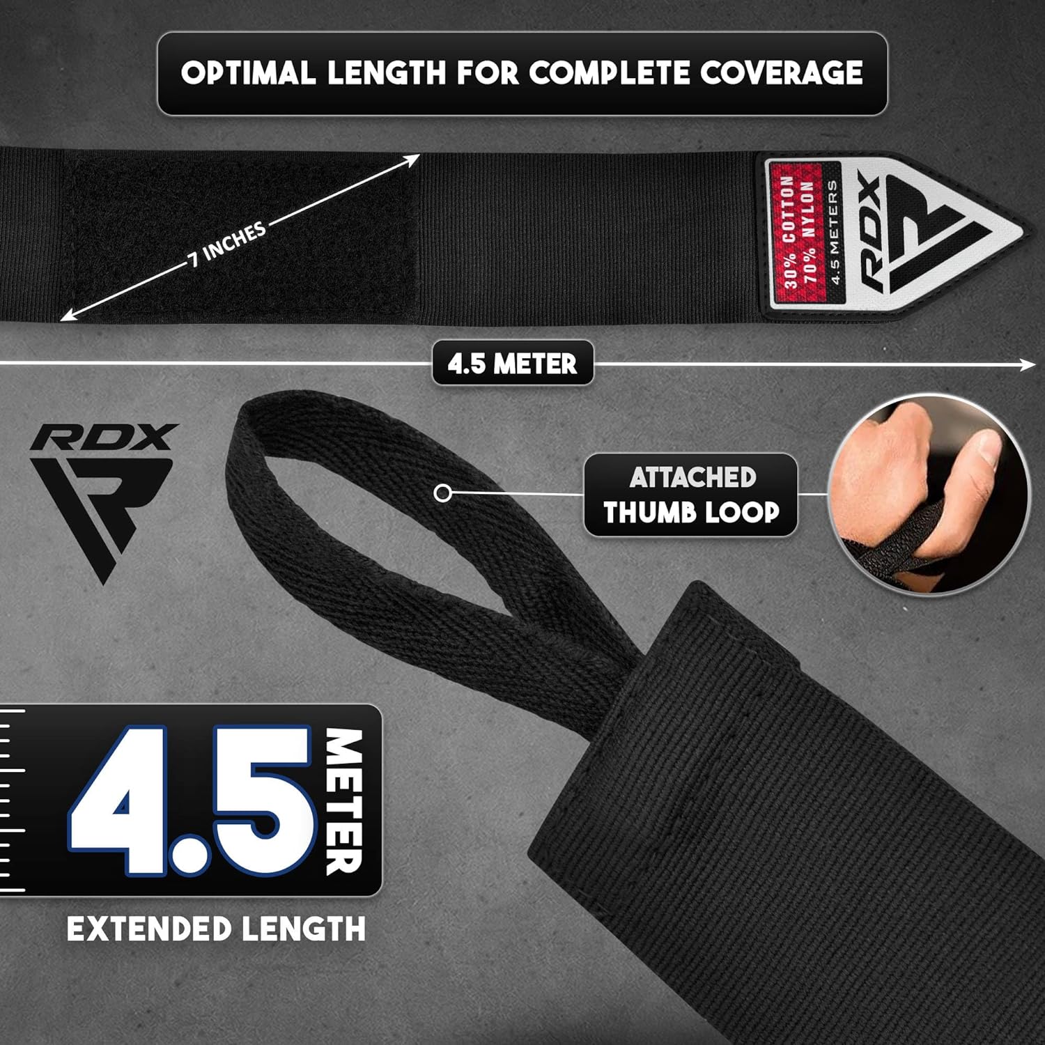 Boxing Hand Wraps 4.5M / 180 Inches – Mexican Style Semi-Elastic MMA Inner Gloves - Wrist Support for Muay Thai