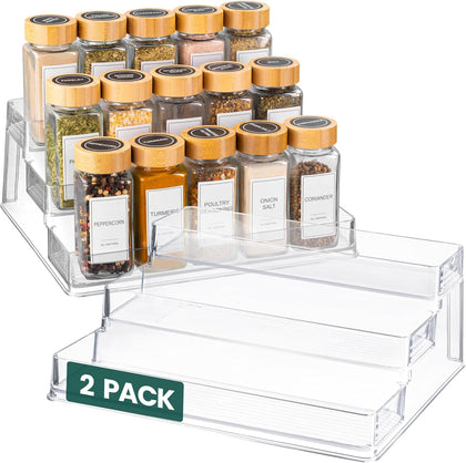 Clear Spice Rack (2-Pack) - 3-Tier Acrylic Organizer for Cabinet - Deep Spice Shelf - 10.4 x 9.6 x 4 Inches - Holds
