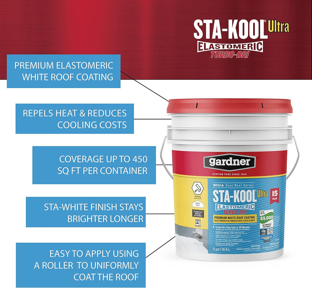 Gibson Sta-Kool 15-Year Turbo-Dri Elastomeric Roof Coating, White, 5 Gal., Flexible White Acrylic Roof Coating
