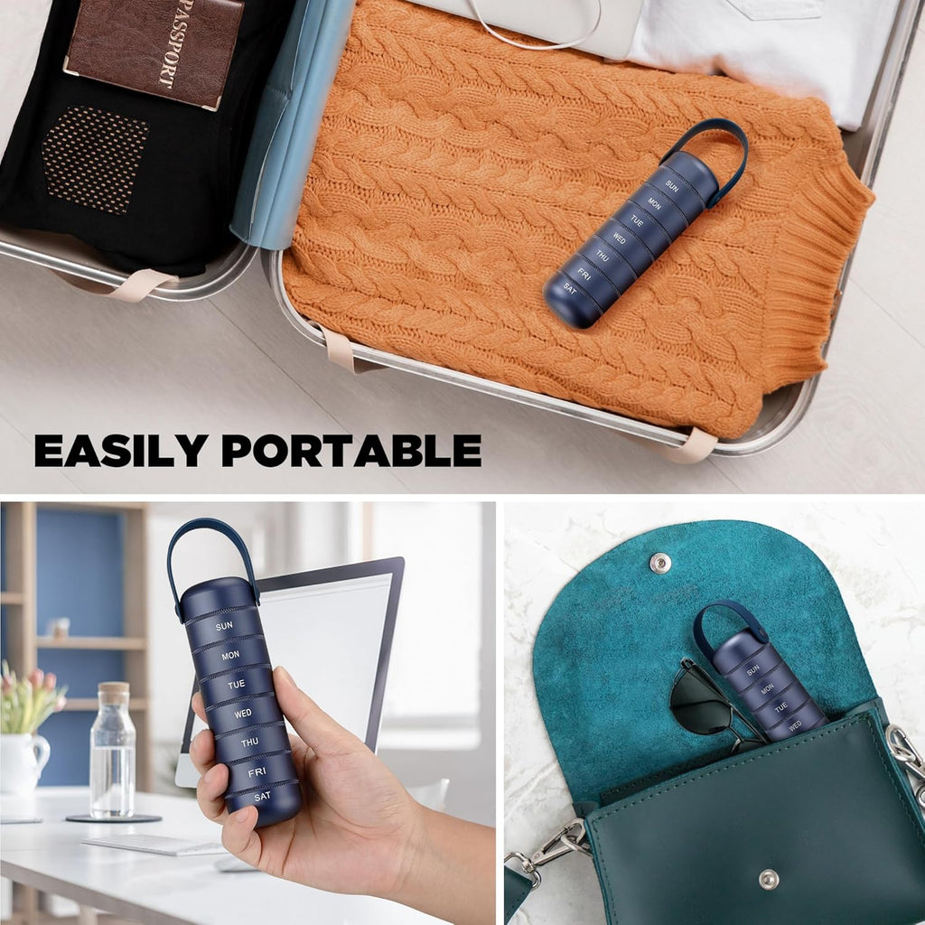 Metal Weekly Pill Organizer, Large Travel Pill Box 7 Day, Waterproof Daily Pill Case with Silicone Handle, Aluminum