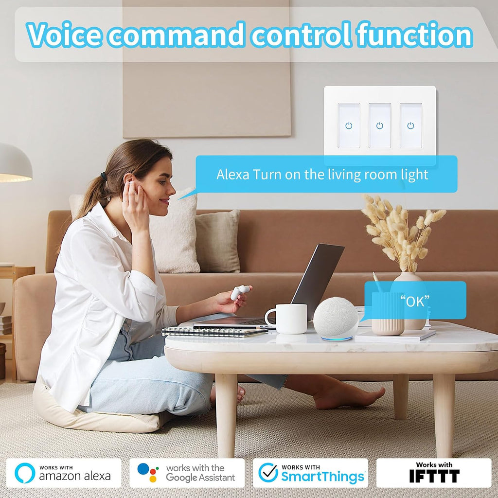 Touch Smart Switch 3 Gang, WiFi Light Switch Compatible With Alexa and Assistant, Neutral Wire Needed, No Hub