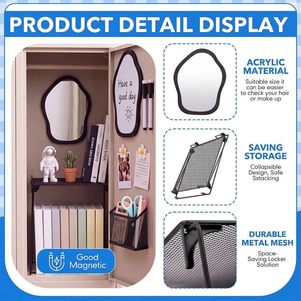 7 Pcs Black Locker Organizer Accessories Kit, Back to School Essentials Includes Cloud Mirror, Whiteboard, Dry Erase