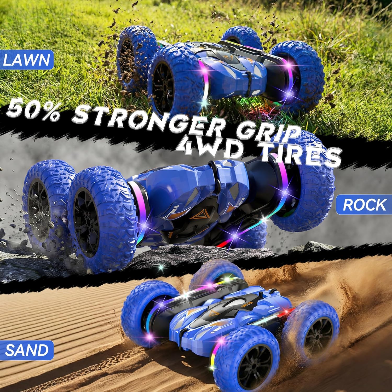 RC Car for Boy Ages 6-12: 2 Batteries 360° Stunt Rotating 4WD Remote Control Toy with Headlights, Indoor Outdoor