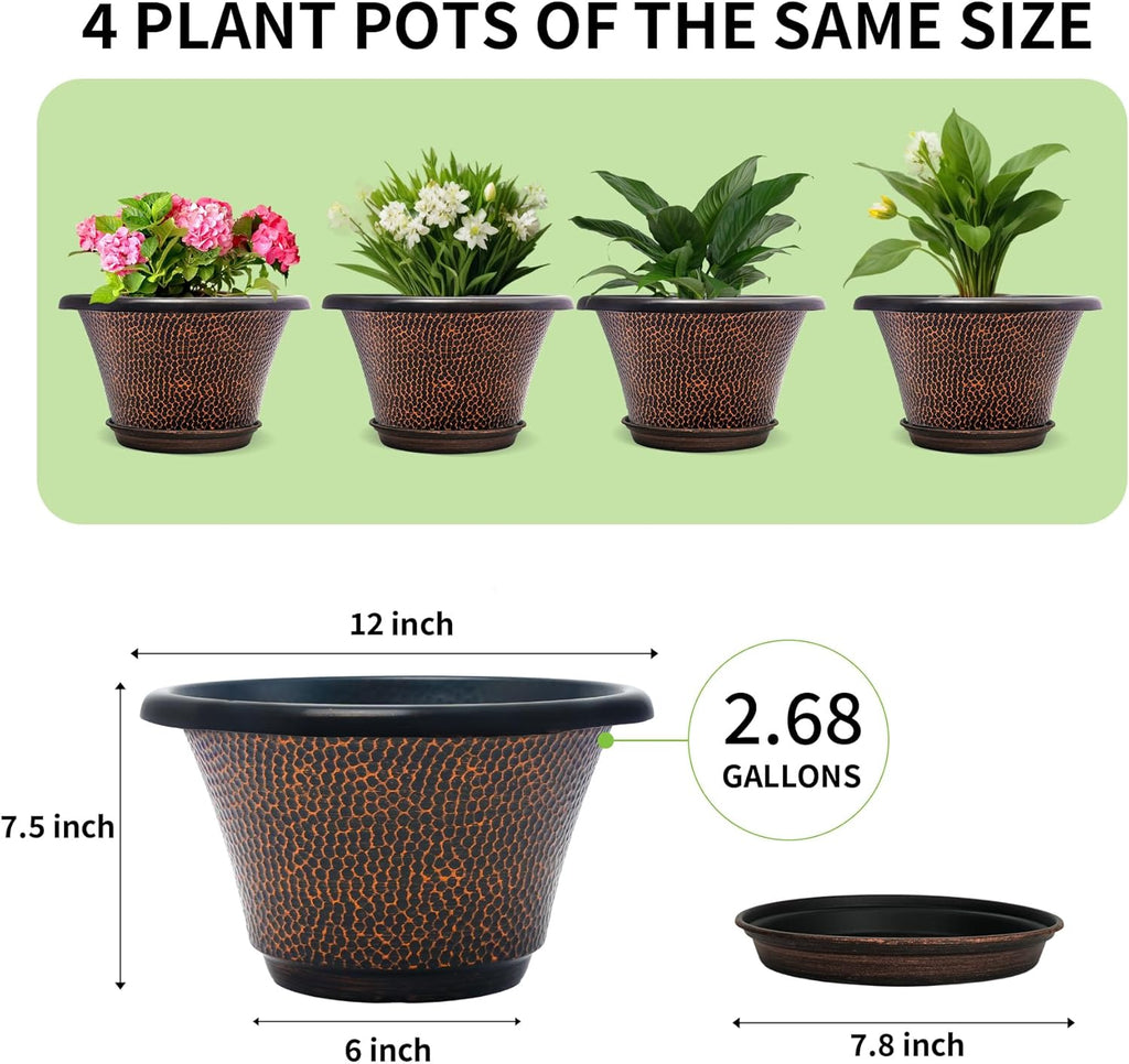 12 Inch Pots for Plants,4 Pack Large Flower Pots with Drainage Hole & Saucer,Modern Planters for Indoor Outdoor