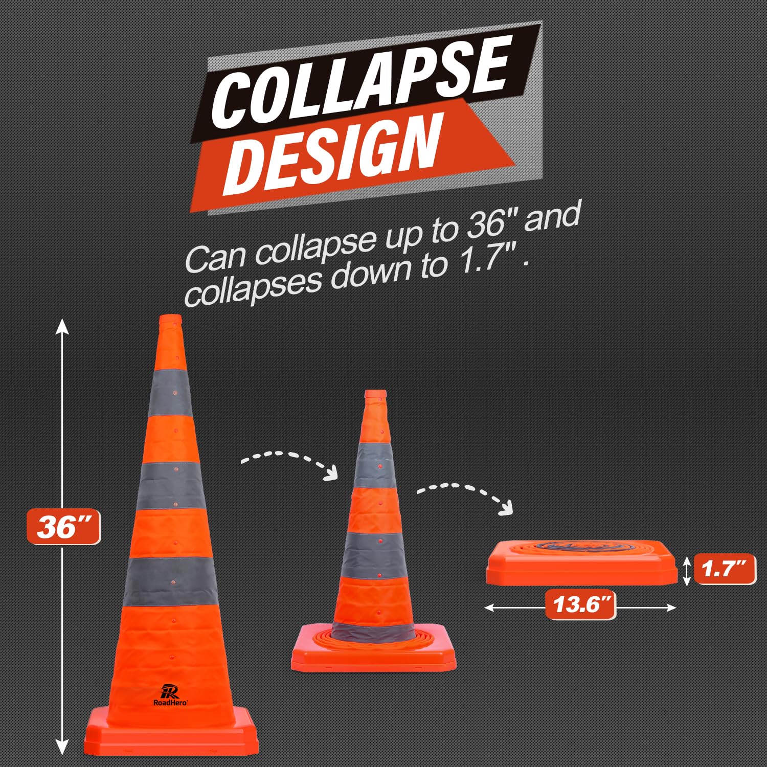 36 Inch Orange Collapsible Traffic Safety Cones with Bag, 2 Pack | Multi Purpose Pop-up, Reflective Collar, Road