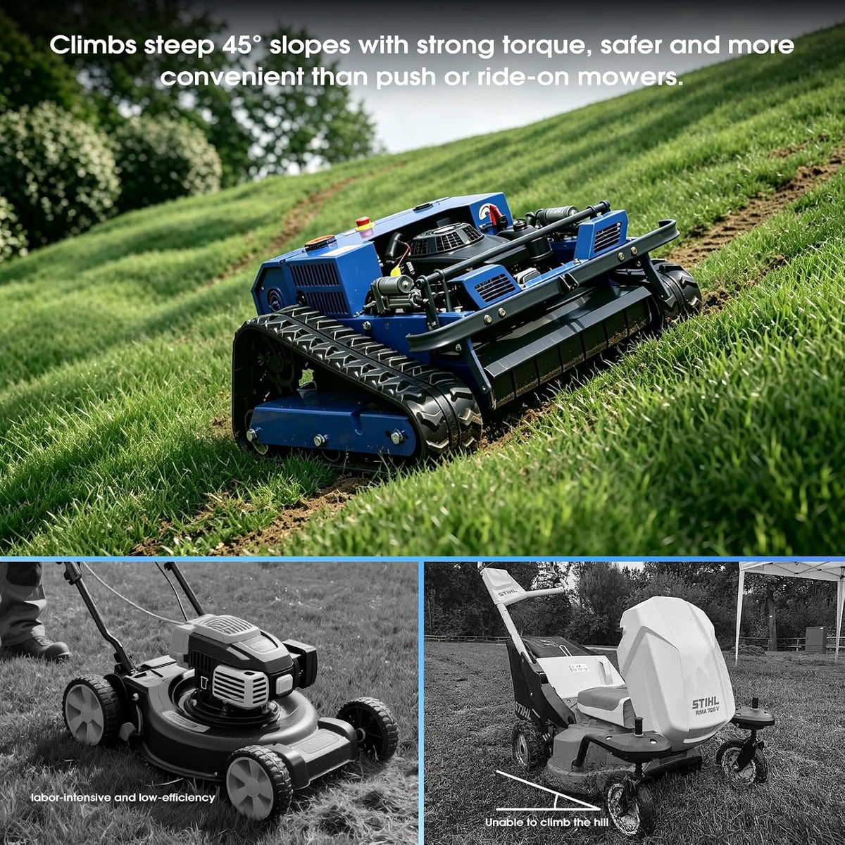 Remote Control Brush Mower – 9HP Gas, 58cm Wide Deck, Auto-Retracting Blades, 40° Slope, 1800W Sealed Brushless Drive
