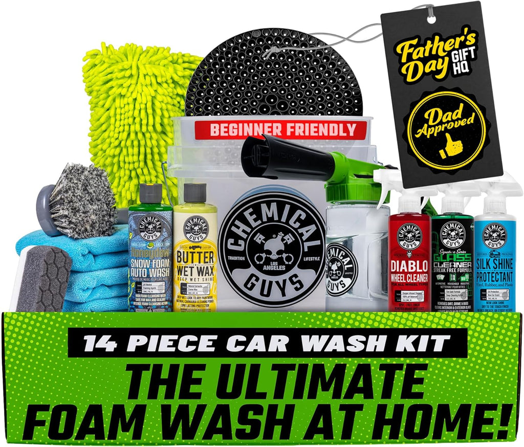Car Wash Kit 14-Pc Arsenal Builder - with Foam Blaster, Wash Bucket, Towels, Applicators, and 16 oz Soaps, Waxes, and