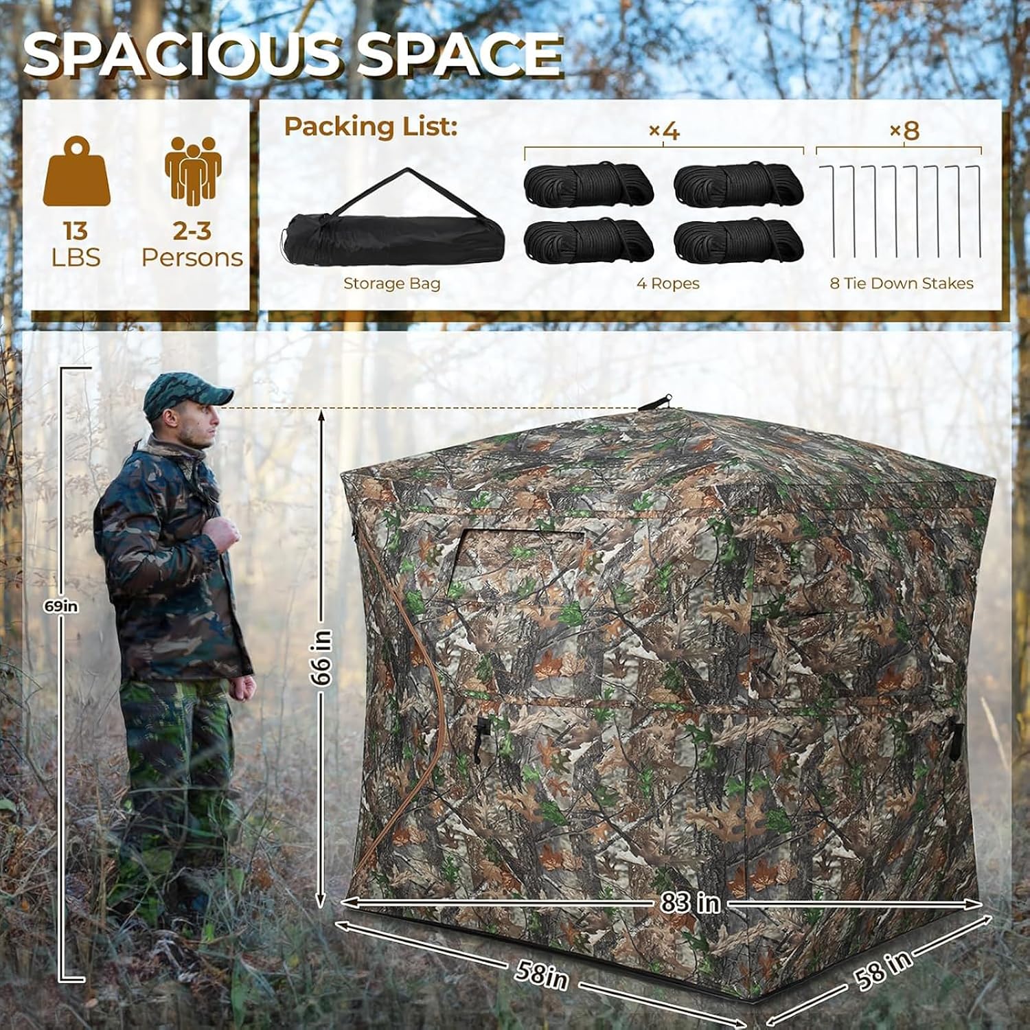 Portable Hunting Blind - 270°/360°See Through with Waterproof Floor Mat | Detachable Ground Mat, Silent Adjustable
