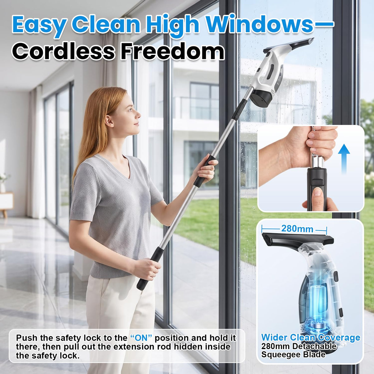 Window Vacuum Squeegee with Extendable Pole, Electric Window Cleaner Tool