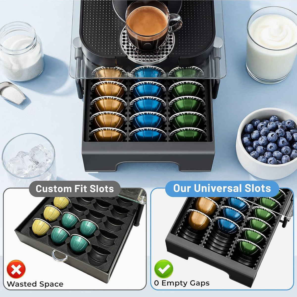 EVERIE Compact Coffee Pod Drawer for Nespresso Vertuo, 21 Large/30 Small