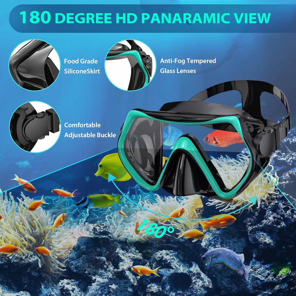 Snorkeling Gear Set for Adults – Dry Top Snorkel Set, Panoramic Anti-Fog Mask, Adjustable Swim Fins – Travel Diving