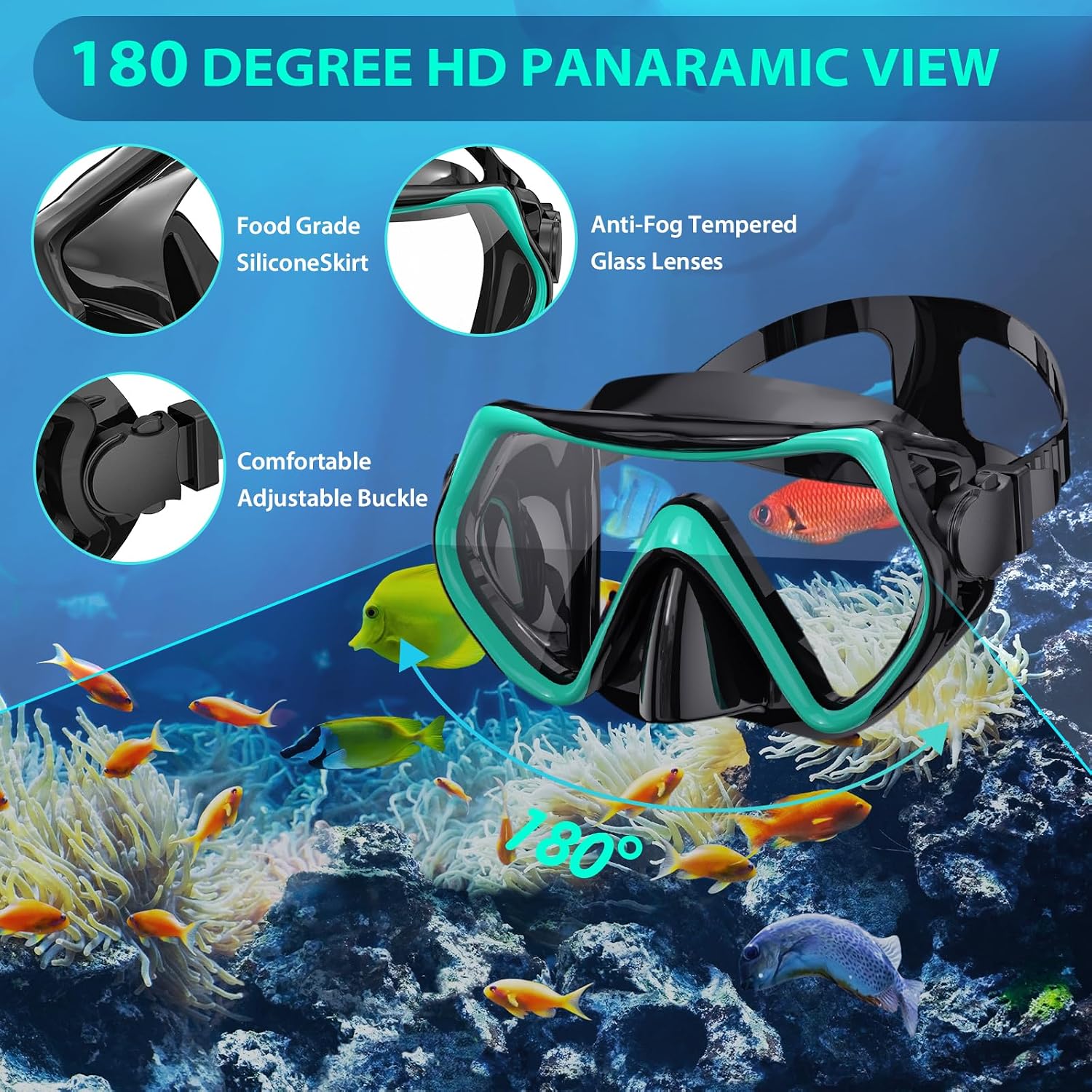 Snorkeling Gear Set for Adults – Dry Top Snorkel Set, Panoramic Anti-Fog Mask, Adjustable Swim Fins – Travel Diving