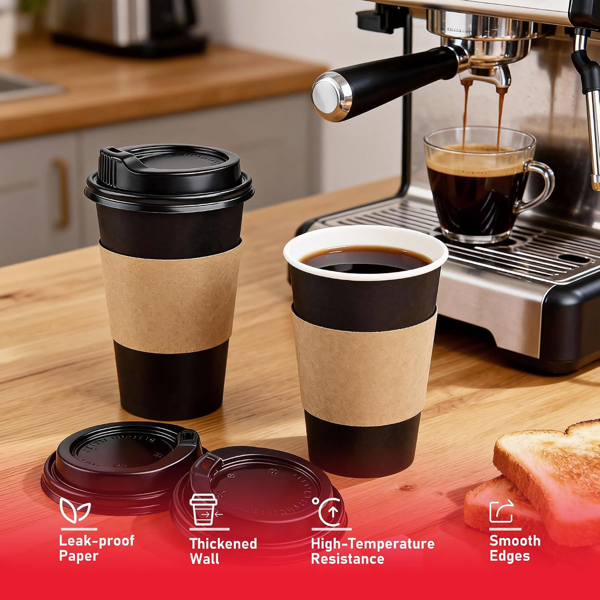 16 oz Coffee Cups with Lids 100 Pack, Sleeves and Stirring Sticks