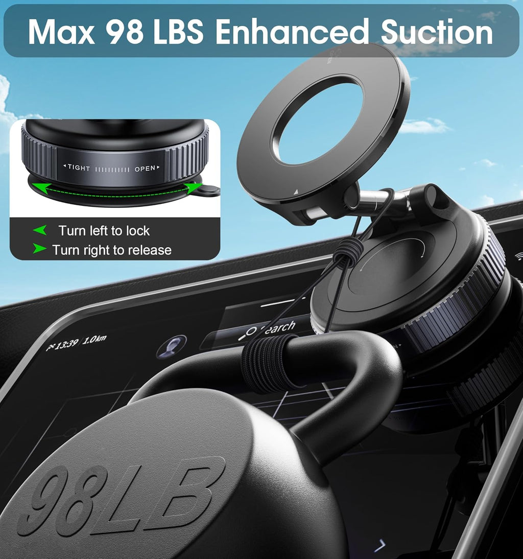 2026 Upgraded Vacuum Magnetic Car Phone Holder 360° Reinforced 96LBS Ultra Suction Cup Phone Mount for MagSafe Cell