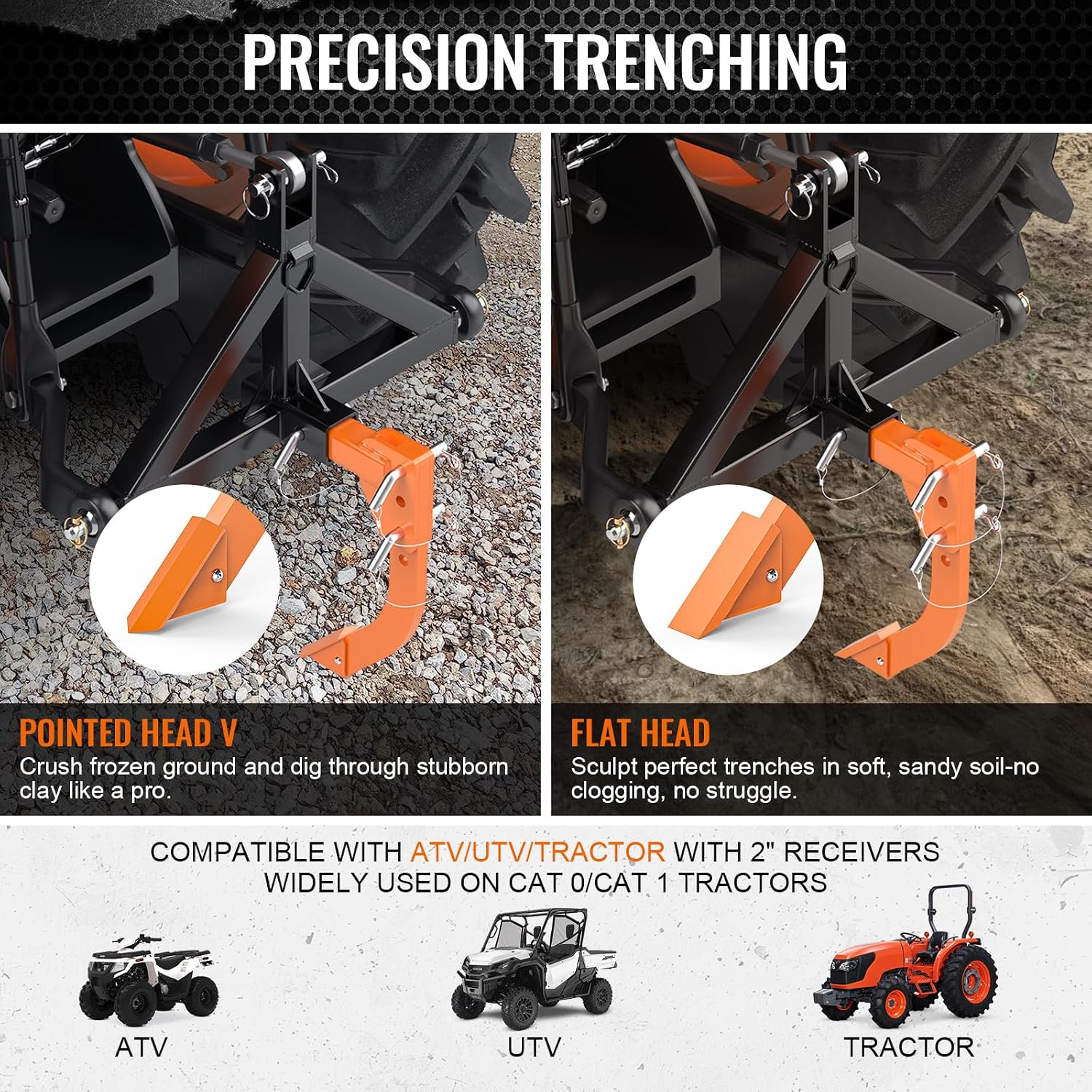 Hitch Mounted Trencher Orange for 2" Receivers, Hitch Lawn Trencher, Middle Buster Plow for CAT 0&1 Tractors, 3 Point