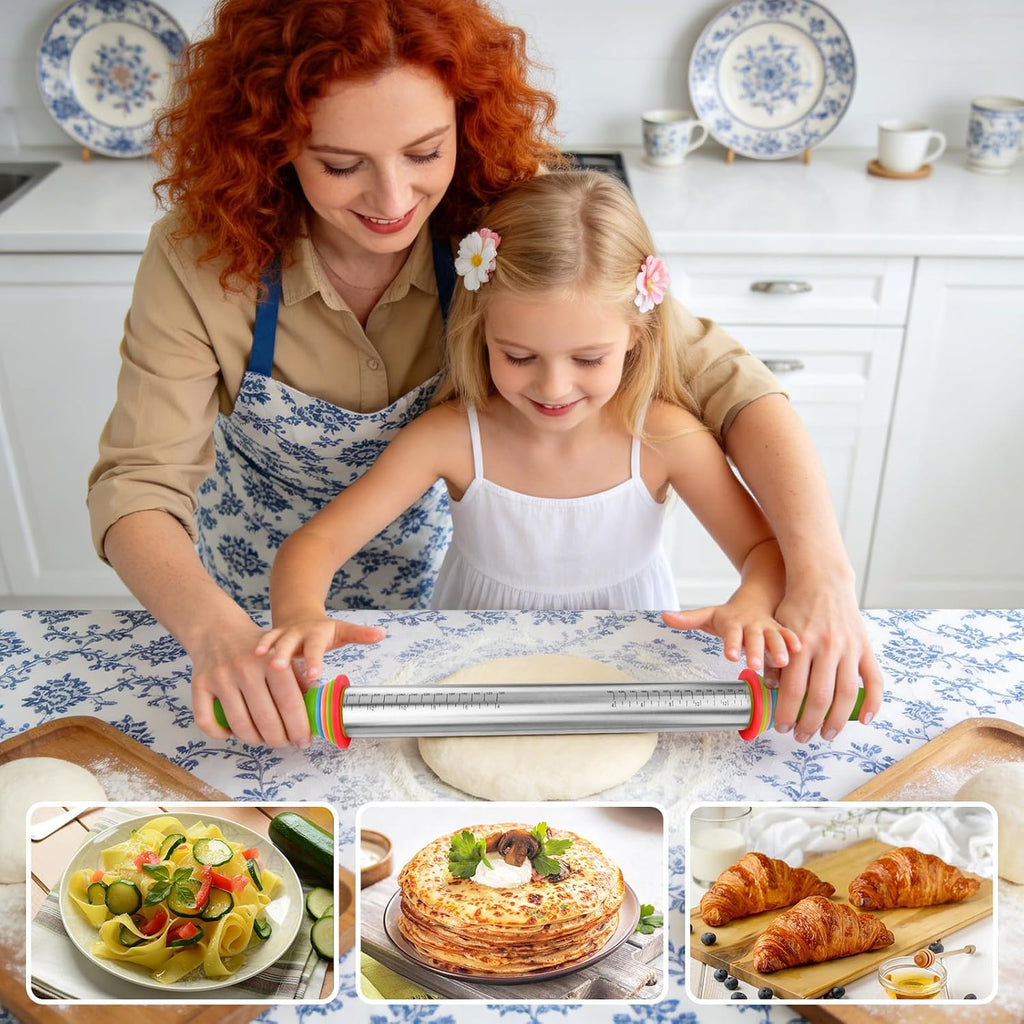 Stainless Steel Dough Roller Pins with Handle for Baking, Adjustable Rolling Pin with Thickness Rings for Cookie