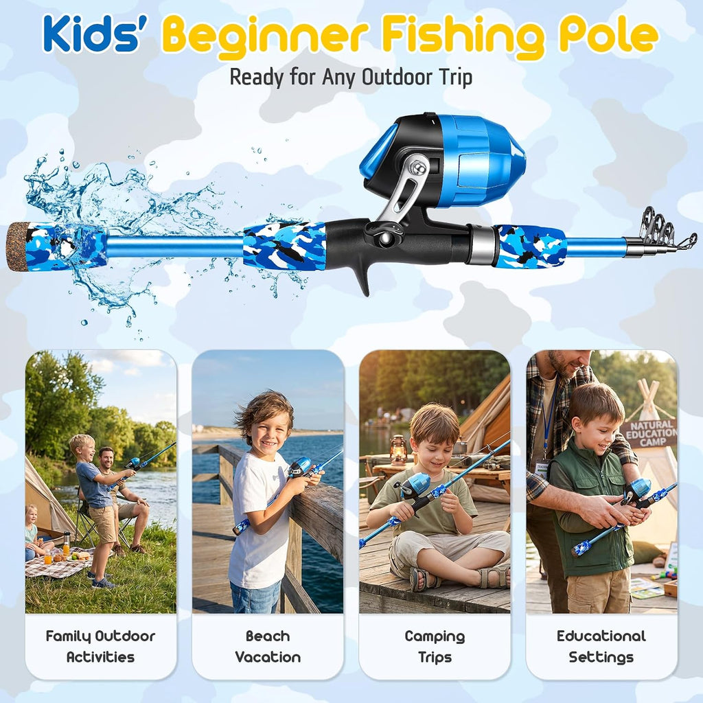 Kids Fishing Pole, Telescopic Fishing Rod and Reel Combo, Fishing Gear Kit with Backpack, Tackle Box, Spincast Reel