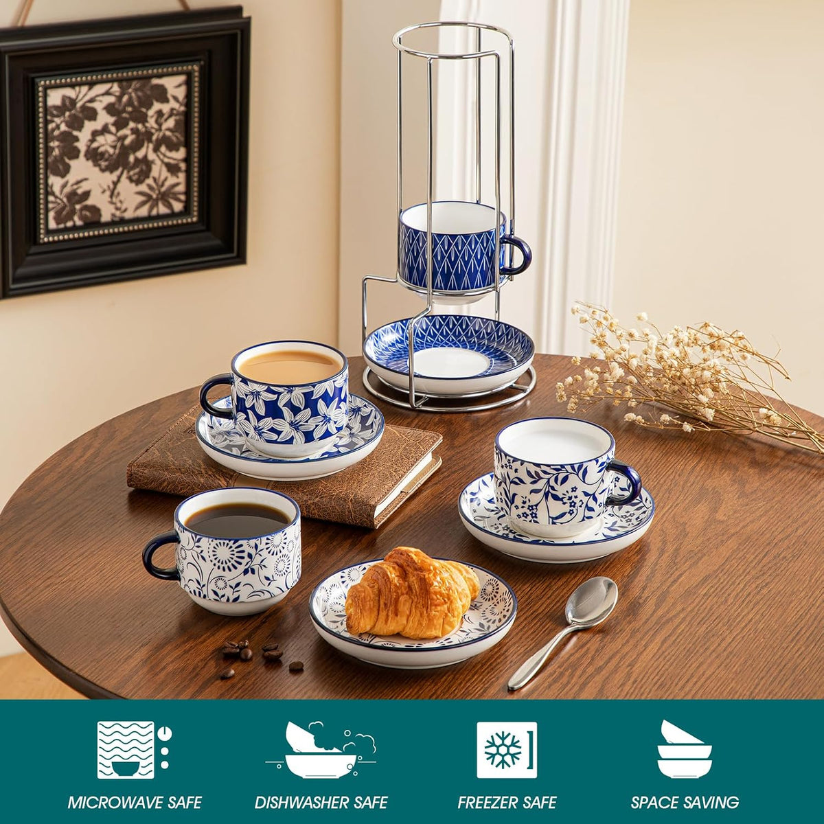 8 OZ Cappuccino Cups Set of 4, Porcelain Stackable Espresso Cups