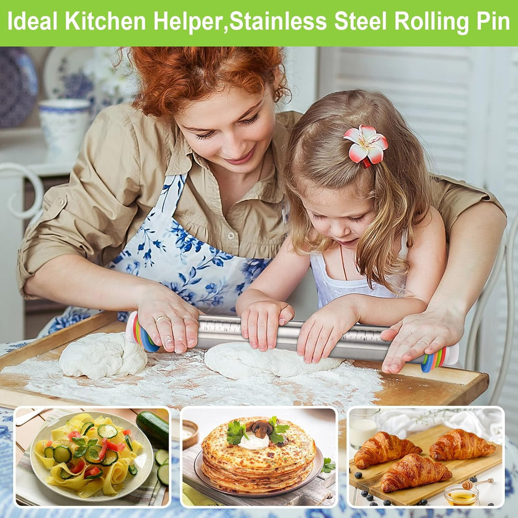 Adjustable Rolling Pin with Thickness Rings for Baking, Stainless Steel Designs Dough Roller Pins for Cookie