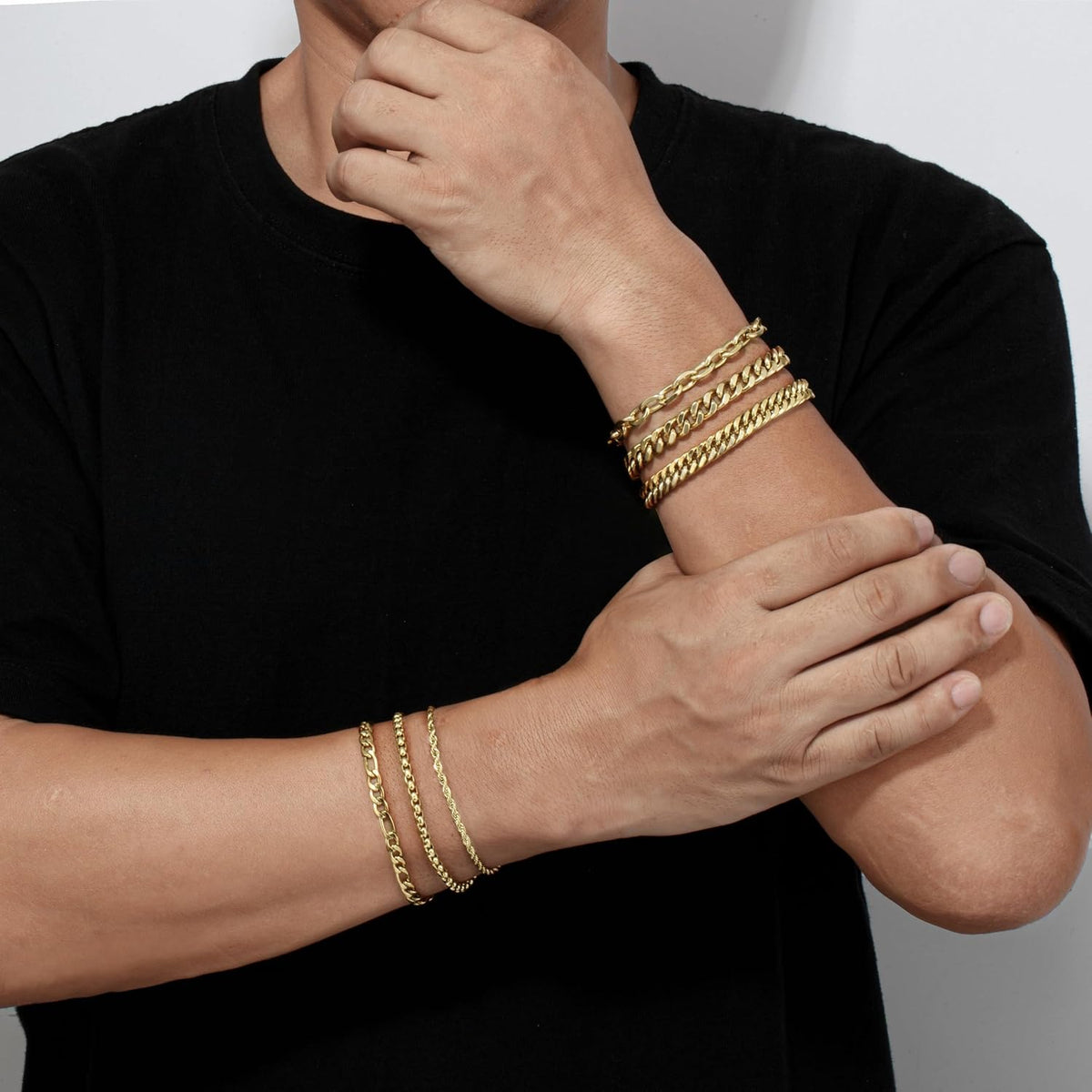6pc Silver/Gold/Black Stainless Steel Bracelets for Men Gifts | 6.5/7/7.5/8.3/9 Inches Cuban Link Chain Bracelets Set