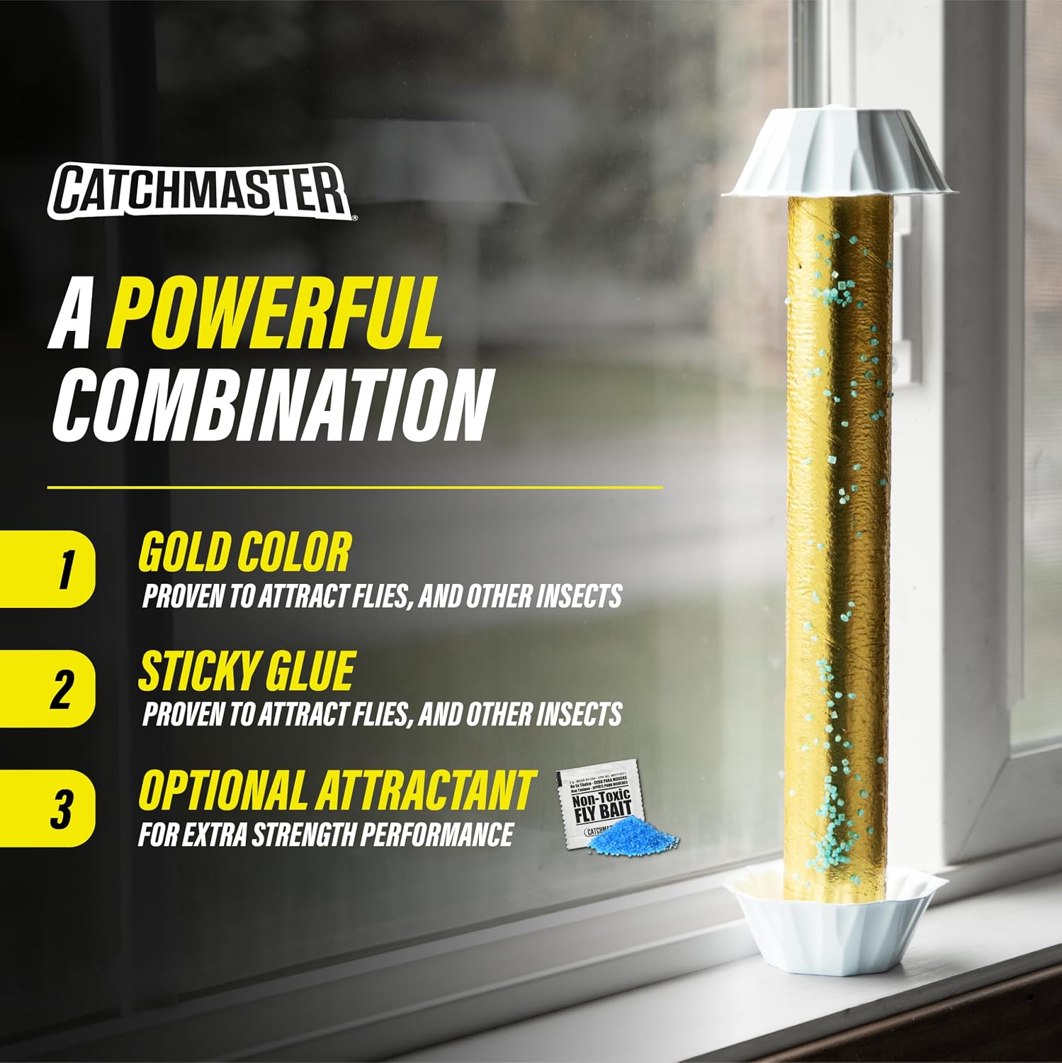Gold Stick 4-Pack, Sticky Hanging Fly Traps Indoor & Outdoor | Includes a food-based lure to draw flies; reflective