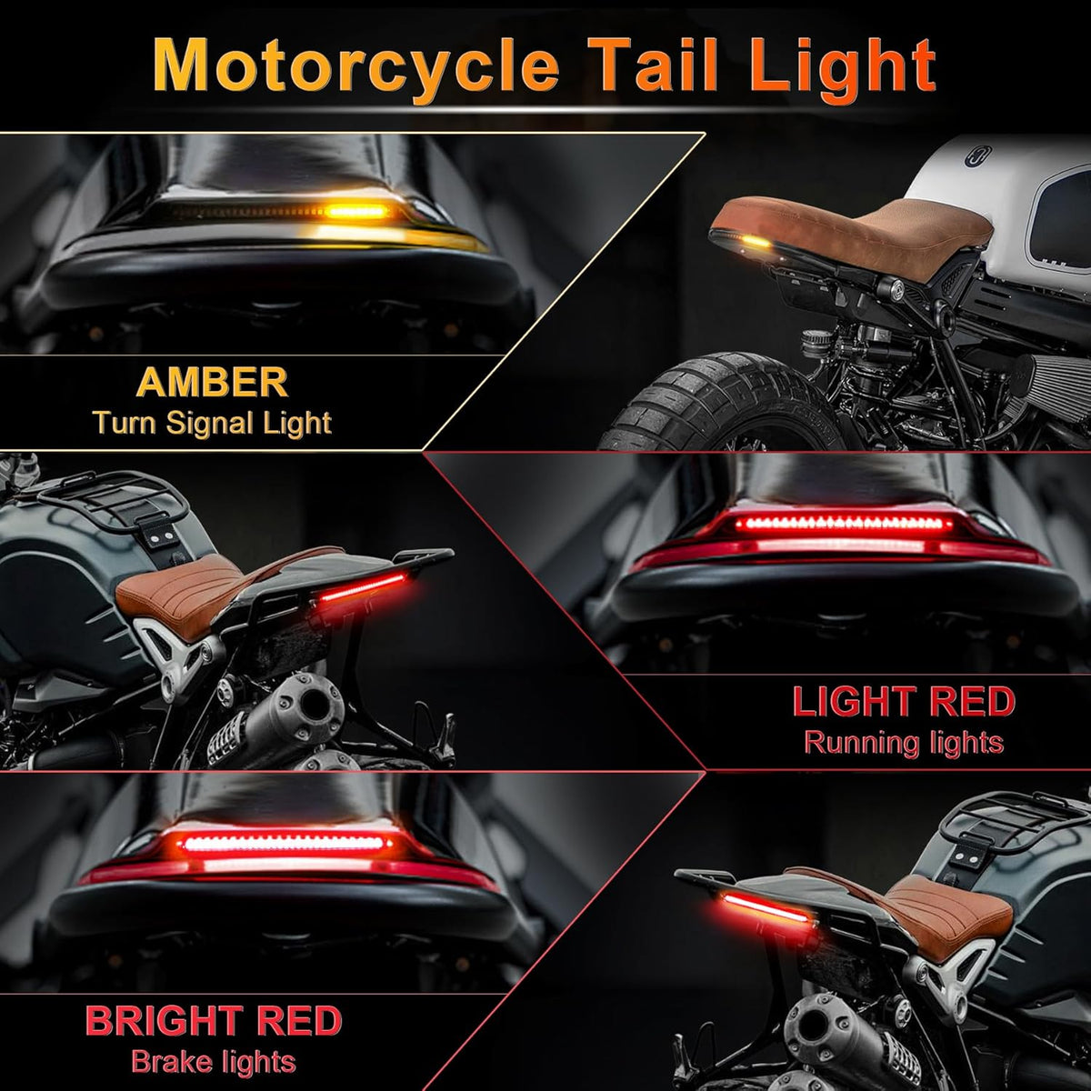 LivTee Universal 8" Flexible LED Light Strip with Tail Brake Stop Turn Signal Lights All-in-one for Motorcycle Scooter Quad Cruiser Off Road, Red/Amber