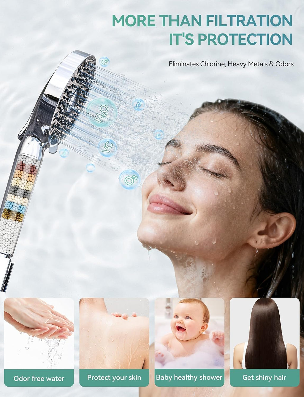 Filtered Shower Head with Handheld, 10-Mode Adjustable Detachable Chrome Showerhead w/Stainless Hose, Water Softener