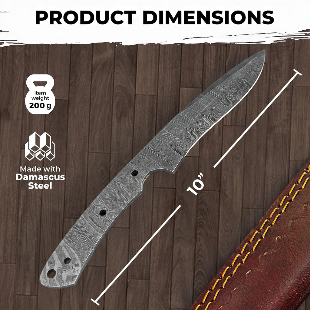 10" Damascus Steel Knife Making Kit – DIY Handmade Blank Blade, Dark Wood Handle Scales, Metal Pins & Leather Sheath