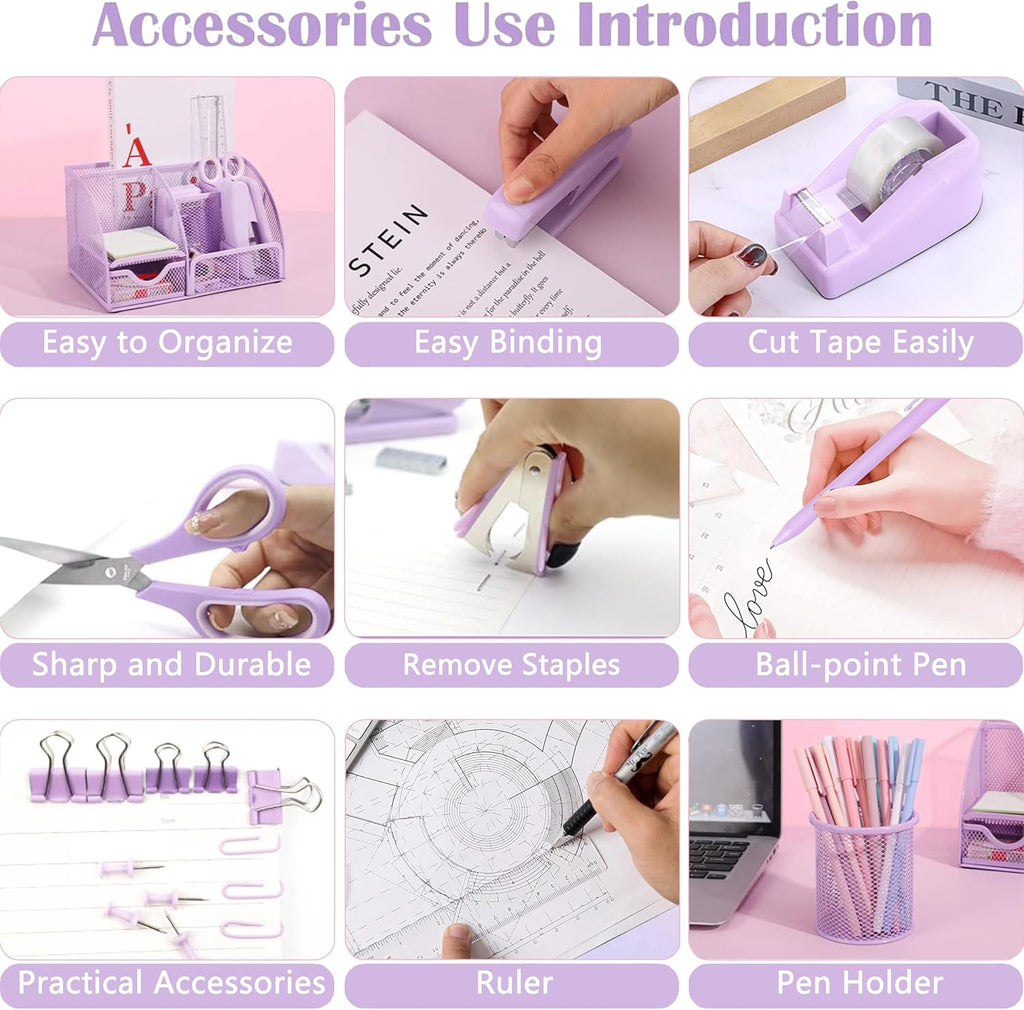 Purple Office Desk Accessories Supplies, 12pcs Desk Organizers and Accessories with Tape dispenser and